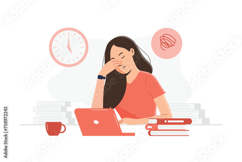 Young woman holding her face with her hand, looks tired because hasn't been able to work in time. sitting at the desk with laptop and stack of books. flat character design and illustration.