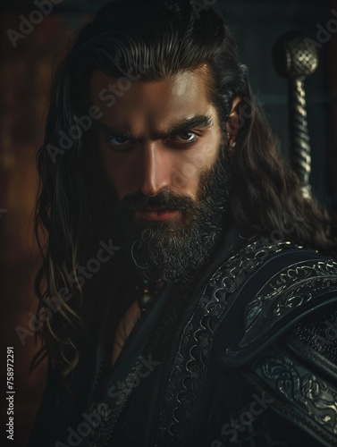 portrait of handsome man with sword - fantasy painting illustration - generative ai