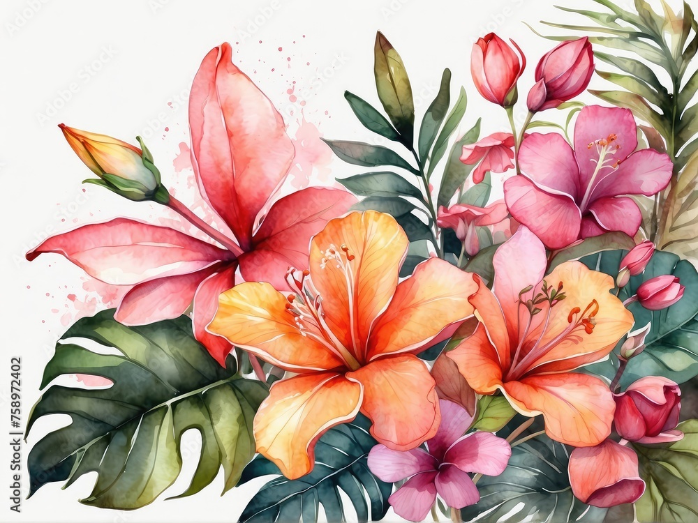 hand drawn watercolor of tropical flower, tropical leaves frame, tropical flowers set, flower background wallpaper hand drawn watercolor of tropical flower, tropical leaves frame, tropical flowers set, flower background wallpaper