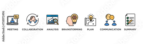 Brief banner web icon vector illustration concept for a briefing of business plan with an icon of meeting, collaboration, analysis, brainstorming, plan, communication, and summary	