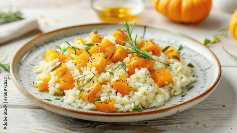 Zooming Out on Delicious Pumpkin Risotto on a Wooden Table Zooming Out on Delicious Pumpkin Risotto on a Wooden Table