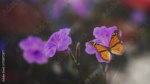 Butterfly painted lady (Vanessa cardui) collects nectar from reullia flowers in the garden. Seamless looping 4k video background  photo