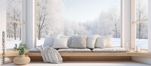 Side window seat in a white room with a wooden seat decorated with numerous pillows and large windows offering a view of nature.
