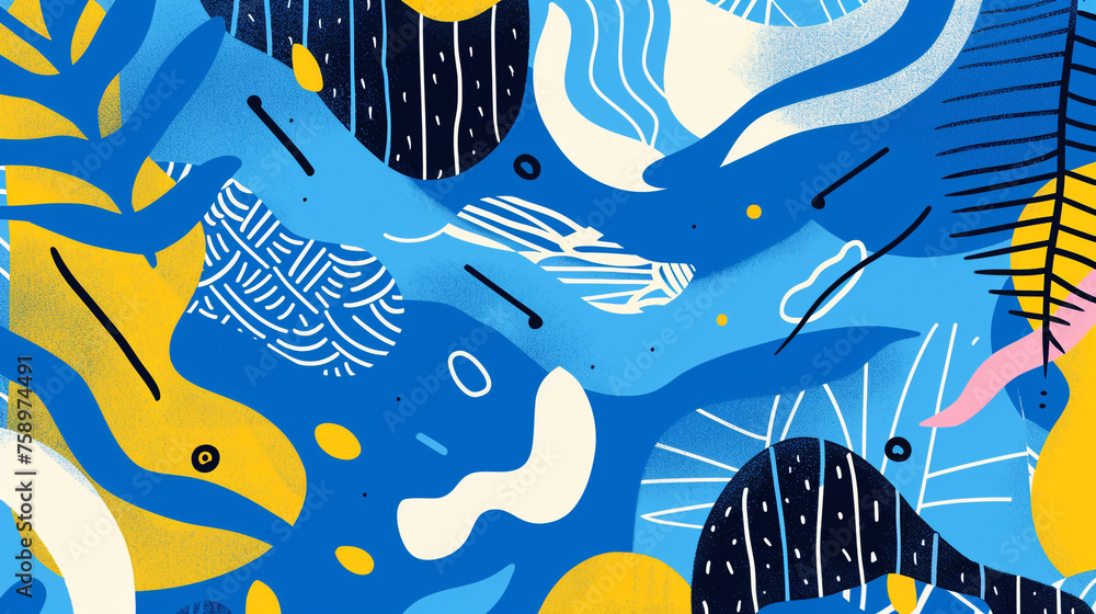 A blue background with blue lines and abstract shapes, in the style of bold primary colors and maritime themes. 
