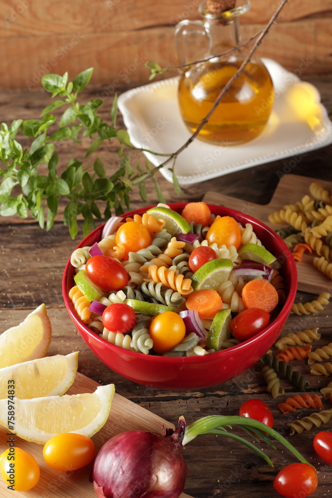salad, pasta, tomato, olive oil, lemon