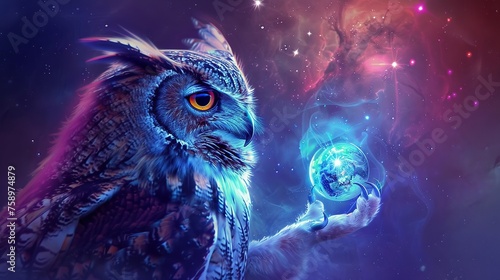 Wizard owl crafting planet, starry void, magic aura, intense focus, vivid, Pop art