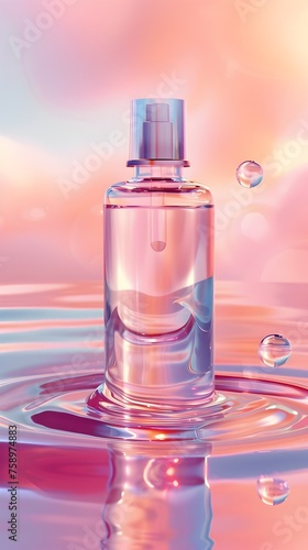 Hyper-realistic Pink Perfume Bottle Floating over Water at Sunset