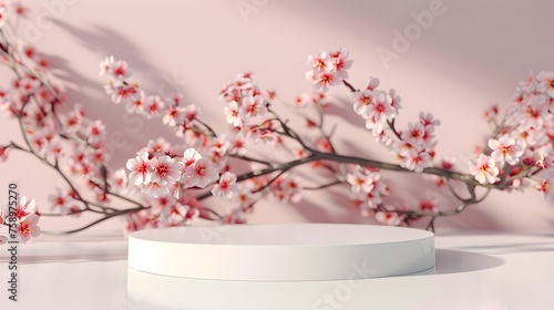 White Pedestal with Cherry Blossoms on a Pink Background - 3D Rendered photo