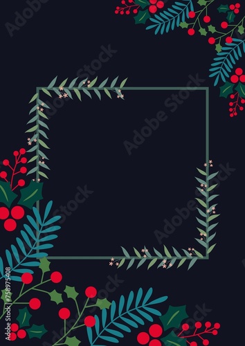 Fototapeta Naklejka Na Ścianę i Meble -  A dark background bordered with festive green leaves, holly berries, and delicate snowflakes.