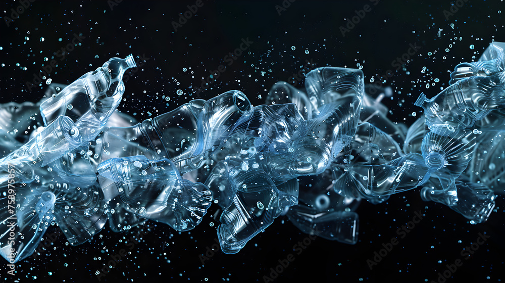 A translucent image of crushed plastic bottles with pulsating digital lines representing the recycling process, against a pitch - black background. A translucent image of crushed plastic bottles with pulsating digital lines representing the recycling process, against a pitch - black background.