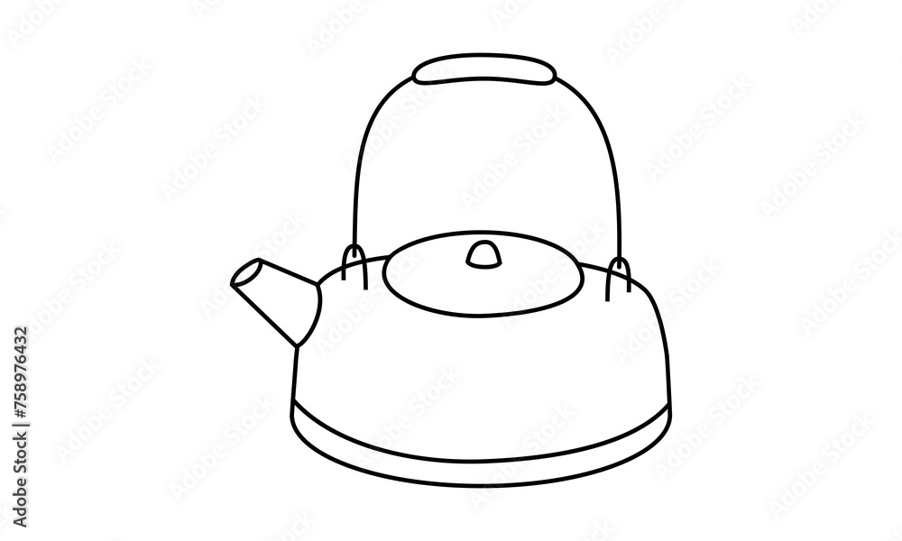 Hand drawn cute outline illustration of kettle. Flat vector outdoor cooking on fire tool sticker in line art doodle style. Tourism boiling water icon. Making tea or coffee. Adventure, hiking. Isolated Hand drawn cute outline illustration of kettle. Flat vector outdoor cooking on fire tool sticker in line art doodle style. Tourism boiling water icon. Making tea or coffee. Adventure, hiking. Isolated