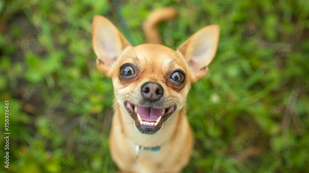 close up view of happy dog in field 