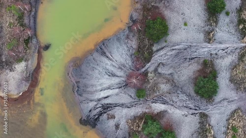 Aerial view of post-coal landscape with polluted lake, Lusatia, Germany. photo