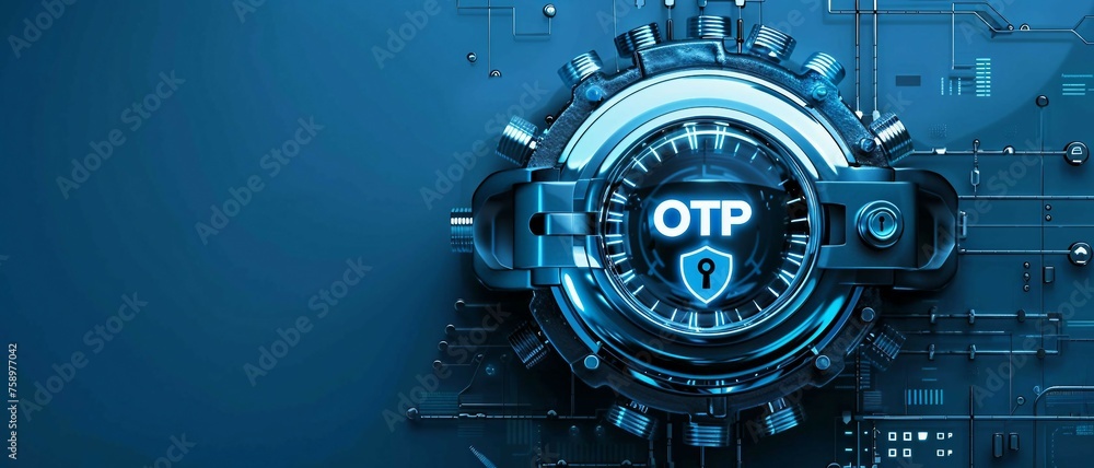 a banner design with the text OTP, with a rotating combination lock, symbolizing the dynamic and secure nature of One-Time Passwords
