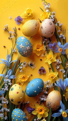 Wallpaper Mural Easter background. Beautiful composition of colorful eggs and spring flowers on a delicate background. Spring holidays concept with copy space. Torontodigital.ca