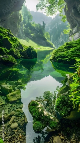 Ethereal Valley Lake in Ancient Cave Serene Natural Haven with Mossy Rocks and Crystal Clear Water photo
