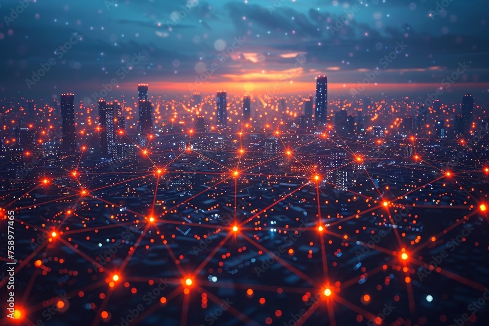 Fototapeta premium A cityscape with many tall buildings and a bright orange line