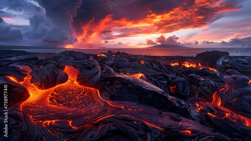 Spectacular Magma Flow Through Slate Formations at Dusk