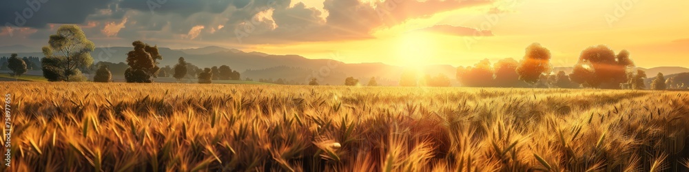 A field of wheat with a sunset in the background, AI