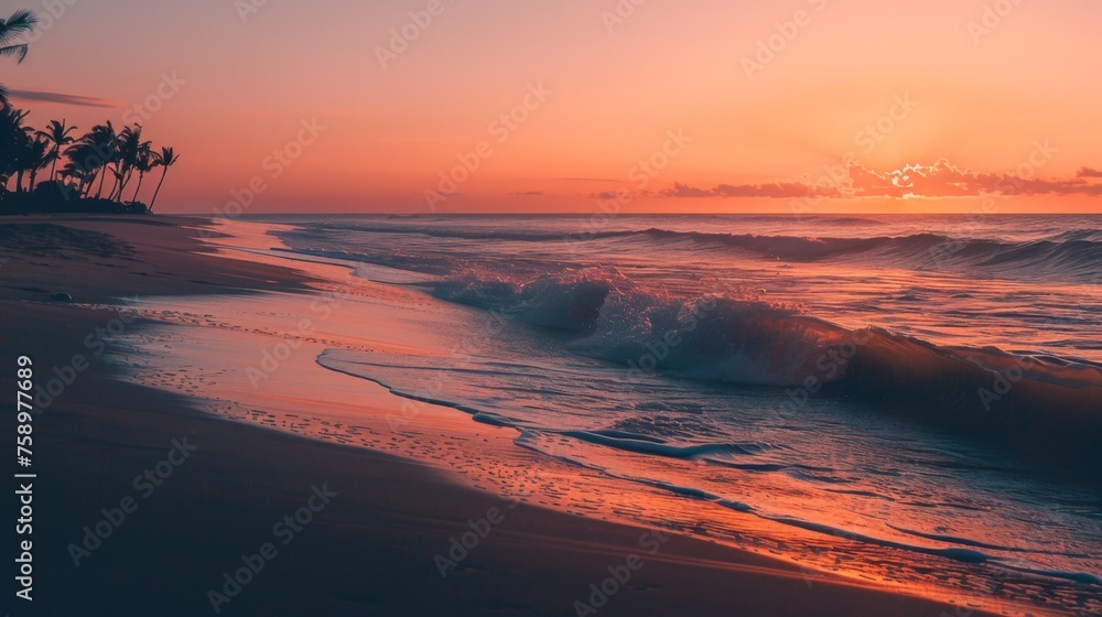 A sunset on a beach with waves crashing into the shore, AI