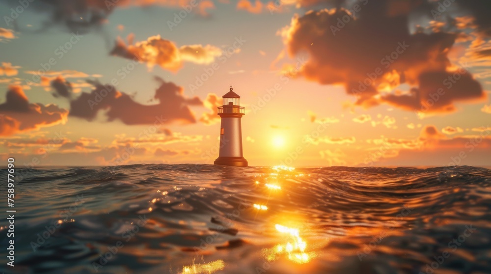 A lighthouse is in the middle of a body of water, AI