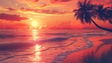 A sunset over the ocean with a beach and palm trees, AI