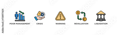 Business failure banner web icon vector illustration concept with icon of poor management, crisis, warning, revaluation and liquidation	