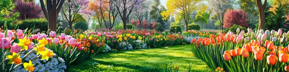 A large field of flowers with a path leading to them, AI A large field of flowers with a path leading to them, AI