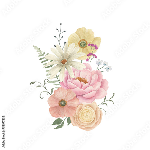 Watercolor flowers vintage print. Hand drawn floral isolated illustration on white background. Can be used for interior design, country home, bedrooms, hall, bathroom, kitchen, books, magazines