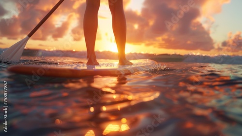 A person standing on a surfboard in the water at sunset, AI