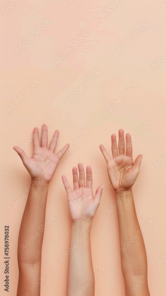 Three hands reaching up to the sky with their fingers outstretched, AI Three hands reaching up to the sky with their fingers outstretched, AI