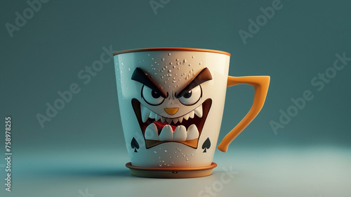 cup of coffee with angry emoji isolated on green background 