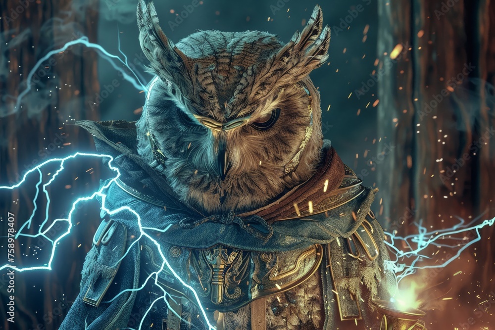 Naklejka premium 3D rendering of a fairy tale scene with an owl-human hybrid clad in lightning armor