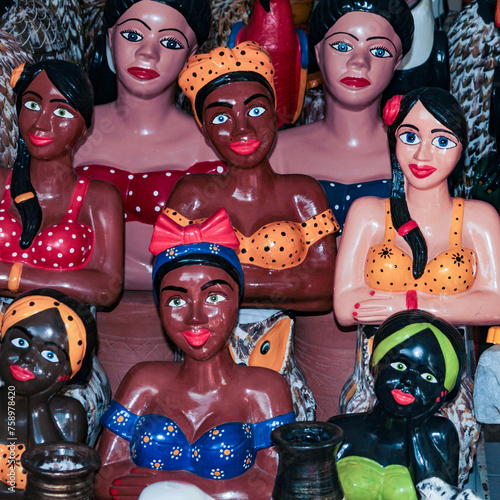 Colorful dolls made of baked and colored clay are the flirting, souvenirs sold to tourists in the city of São José de Ribamar, in Maranhão, in the Northeast of Brazil.