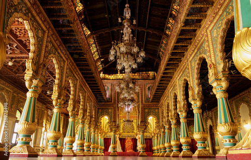 Interior view of Mysore Palace, Indian Traditional Architecture of Mysore Royal Palace Inside or view, Travel and tourism concept image, Tourist place to visit in Karnataka, India. photo