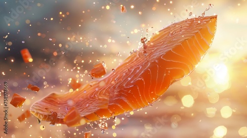 A realistic 3D-rendered salmon slice falls like a meteorite under the sun photo