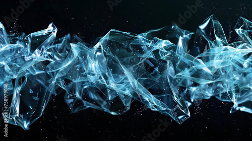 A translucent image of crushed plastic bottles with pulsating digital lines representing the recycling process, against a pitch - black background. photo