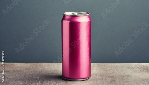 Pink aluminum can on table. Beer or soda drink package. Refreshing beverage.