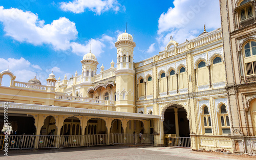Fototapeta Naklejka Na Ścianę i Meble -  Beautiful view of royal Mysore Palace, also known as Amba Vilas Palace, is a historical palace and a royal residence. It is located in Mysore, Karnataka, India