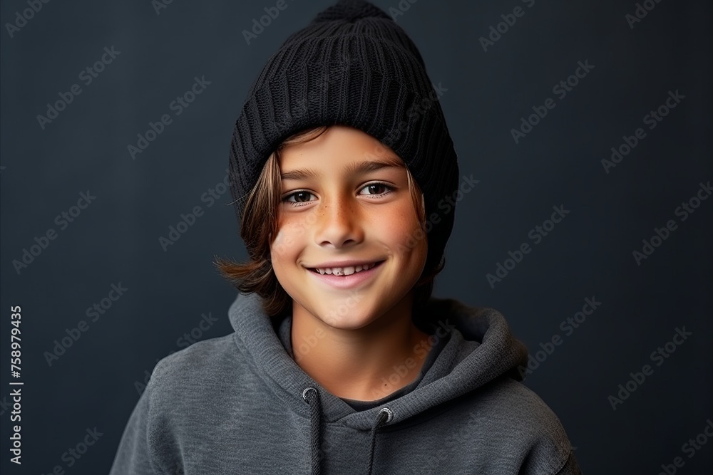 Portrait of a cute little boy wearing a warm hat over dark background Portrait of a cute little boy wearing a warm hat over dark background