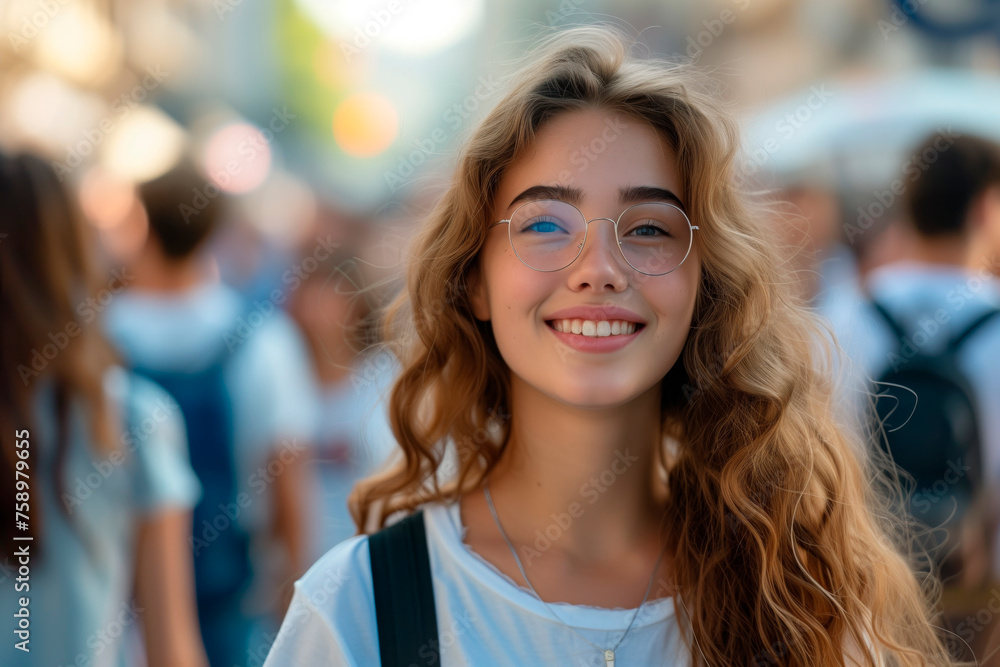Urban Optimism: Front view of Young Student Woman Pedestrian Smiles with Hope Amid Afternoon City Crowd. After College or School Portrait. Urban Optimism: Front view of Young Student Woman Pedestrian Smiles with Hope Amid Afternoon City Crowd. After College or School Portrait.
