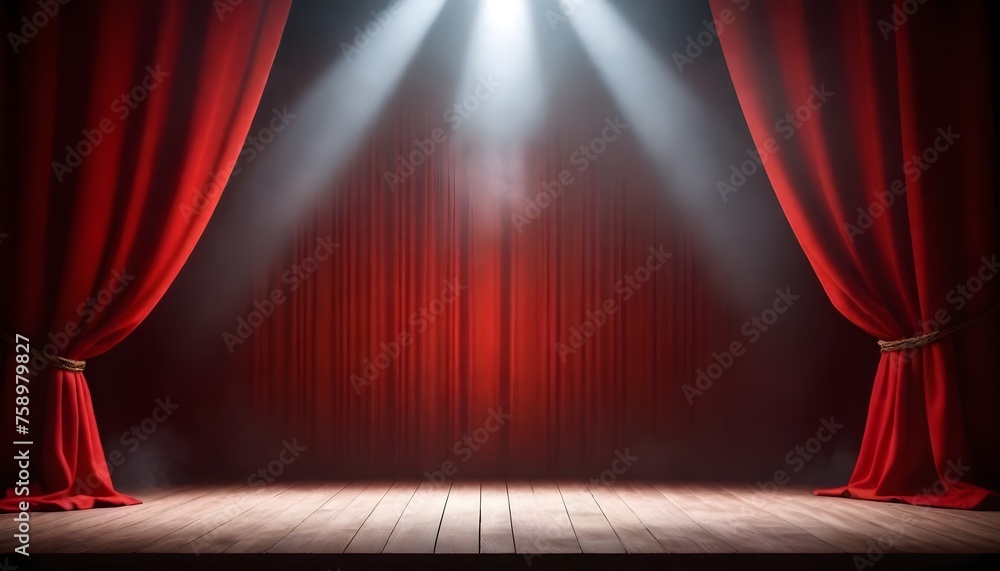 Empty theater stage with red curtains, spotlight beams, and smoke against a dark background - obrazy, fototapety, plakaty 