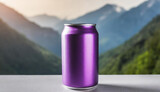 Purple aluminum can mockup on natural mountain view background. Beer or soda drink package.