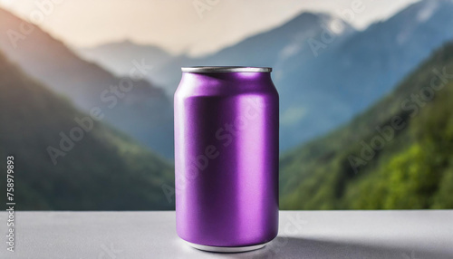 Purple aluminum can mockup on natural mountain view background. Beer or soda drink package.