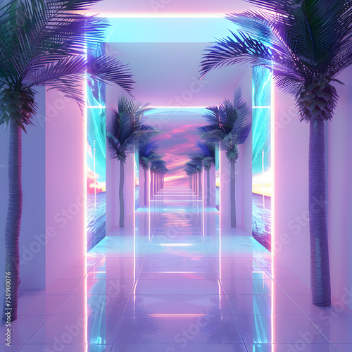 Neon Pink Miami-Style Place with Palm Trees, Evoking a Vibrant and Tropical Atmosphere Generative AI