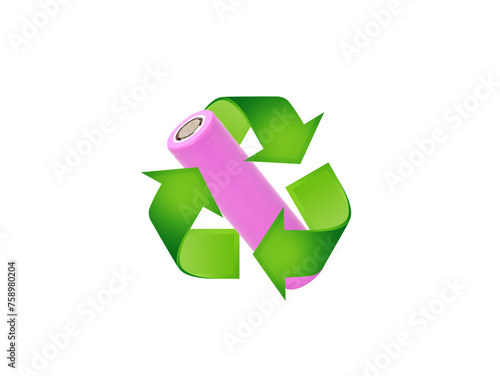 Single-use batteries for electronics, lithium-ion 18650 batteries with the Recycle symbol isolated on a white background. Conservation ecological, natural friendly, world waste management.