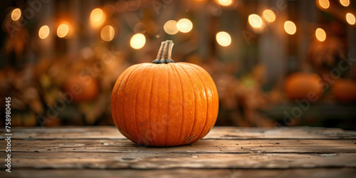 Festive pumpkin decoration on wooden table with string of lights in background for autumn holiday season theme