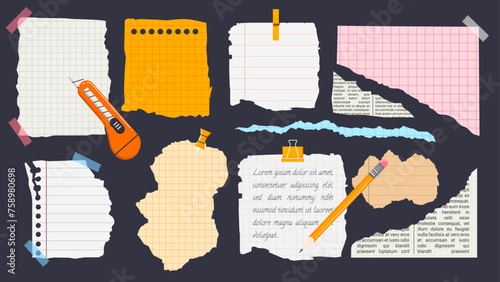 Set of torn notebook pages with scrapbooking elements. Trendy ripped paper scraps. 