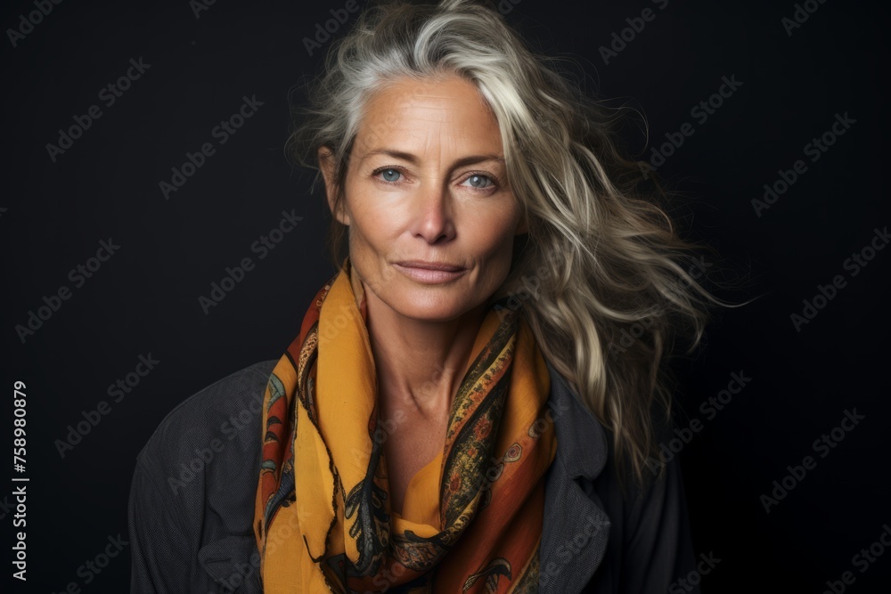 Portrait of a beautiful middle-aged woman wearing a scarf.