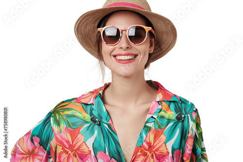 Portrait happy woman with summer holiday beach outfits isolated on transparent background for realax at beach on vacation, travel and holidays vacation concept. photo